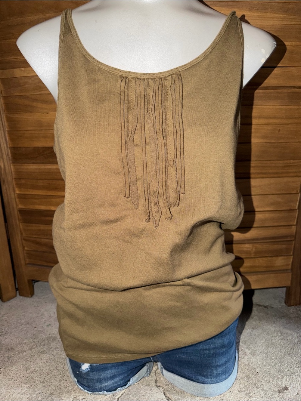 Eileen Fisher Tan Sleeveless Fringe Scoop Neck Tank